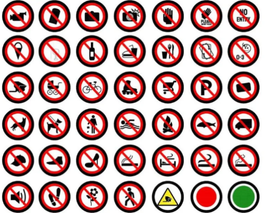 Bloques AutoCAD de señales de prohibición con símbolos de seguridad, pictogramas y señalética para proyectos técnicos y de seguridad.
