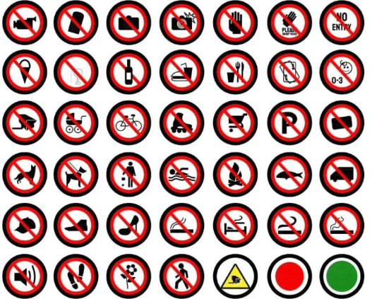 Bloques AutoCAD de señales de prohibición con símbolos de seguridad, pictogramas y señalética para proyectos técnicos y de seguridad.