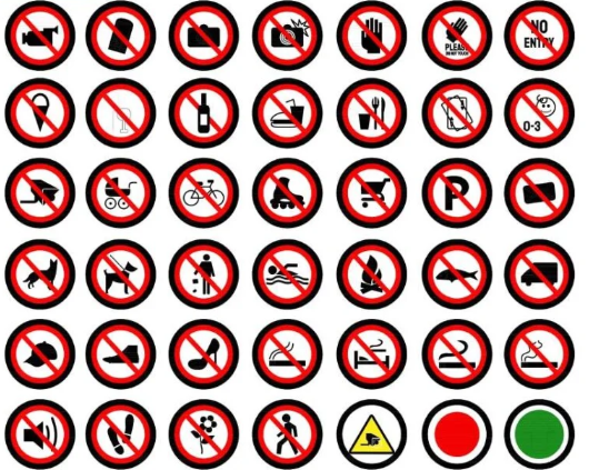 Bloques AutoCAD de señales de prohibición con símbolos de seguridad, pictogramas y señalética para proyectos técnicos y de seguridad.
