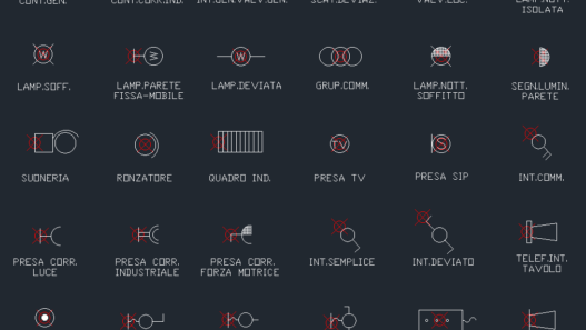 Bloques AutoCAD de símbolos eléctricos residenciales con interruptores, tomacorrientes, luminarias y diagramas para proyectos eléctricos.