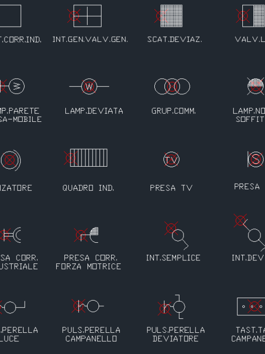 Bloques AutoCAD de símbolos eléctricos residenciales con interruptores, tomacorrientes, luminarias y diagramas para proyectos eléctricos.