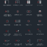 Bloques AutoCAD de símbolos eléctricos residenciales con interruptores, tomacorrientes, luminarias y diagramas para proyectos eléctricos.