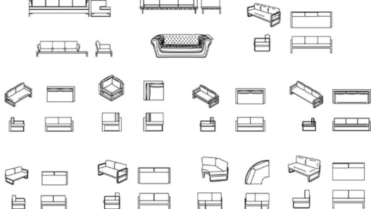 Bloques AutoCAD de sofás para sala de estar en diferentes estilos y configuraciones con vistas múltiples para diseño de interiores.