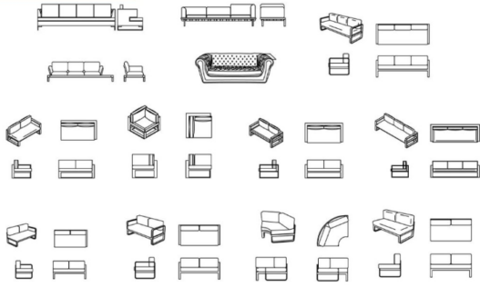 Bloques AutoCAD de sofás para sala de estar en diferentes estilos y configuraciones con vistas múltiples para diseño de interiores.