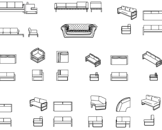 Bloques AutoCAD de sofás para sala de estar en diferentes estilos y configuraciones con vistas múltiples para diseño de interiores.