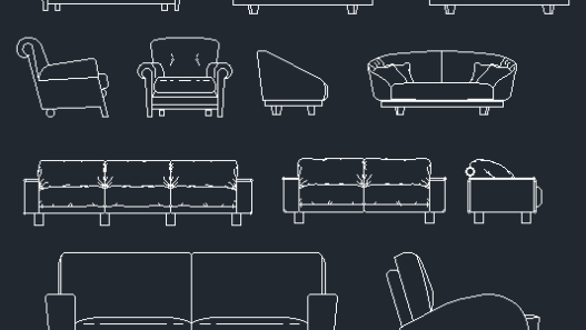 Bloques AutoCAD de sofás con diferentes estilos y tamaños, incluyendo vistas en planta y alzado para proyectos de arquitectura y diseño interior.