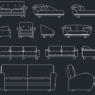 Bloques AutoCAD de sofás con diferentes estilos y tamaños, incluyendo vistas en planta y alzado para proyectos de arquitectura y diseño interior.