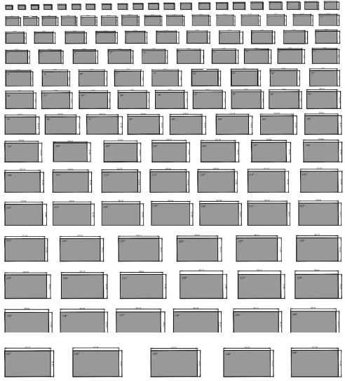 Bloque AutoCAD de diferentes tamaños de pantalla de televisión para proyectos de diseño interior, arquitectura y distribución de espacios audiovisuales.
