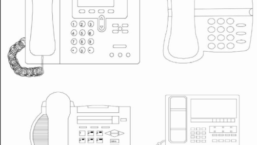 Bloques AutoCAD de teléfonos de oficina con teclado y auricular para proyectos de diseño de oficinas, espacios administrativos y equipamiento tecnológico.