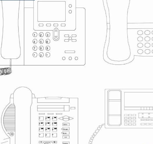 Bloques AutoCAD de teléfonos de oficina con teclado y auricular para proyectos de diseño de oficinas, espacios administrativos y equipamiento tecnológico.