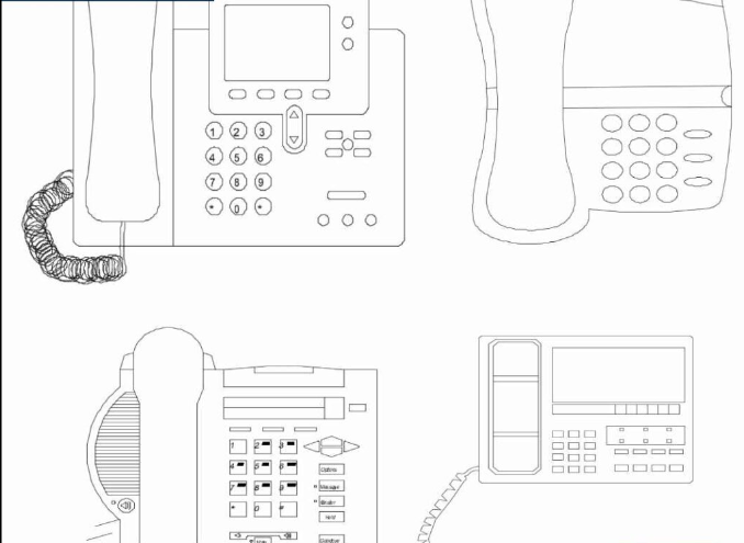 Bloques AutoCAD de teléfonos de oficina con teclado y auricular para proyectos de diseño de oficinas, espacios administrativos y equipamiento tecnológico.