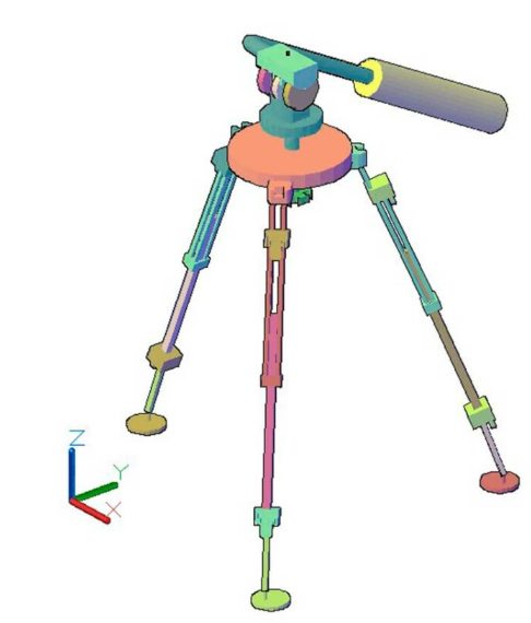 Bloque AutoCAD de trípode para cámara 3D con soporte ajustable utilizado en fotografía, video y escaneo tridimensional.
