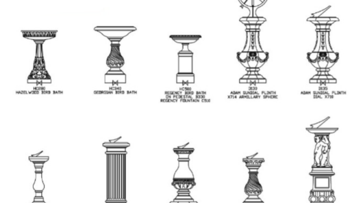 Bloques AutoCAD de fuentes ornamentales y relojes solares decorativos para jardines y paisajismo en vistas frontales.