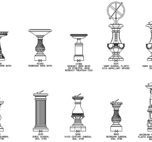 Bloques AutoCAD de fuentes ornamentales y relojes solares decorativos para jardines y paisajismo en vistas frontales.