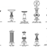Bloques AutoCAD de fuentes ornamentales y relojes solares decorativos para jardines y paisajismo en vistas frontales.