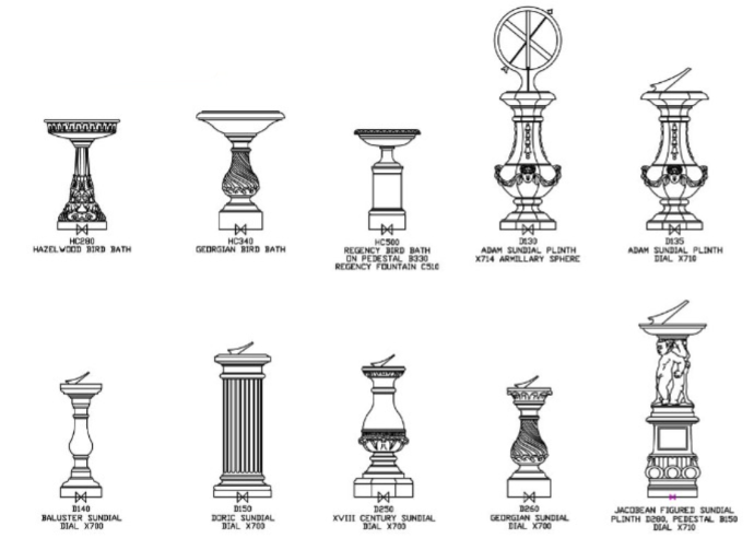 Bloques AutoCAD de fuentes ornamentales y relojes solares decorativos para jardines y paisajismo en vistas frontales.