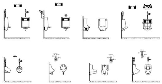 Colección de bloques AutoCAD de urinarios, sanitarios y accesorios de baño público en planta, alzado y secciones para proyectos arquitectónicos.