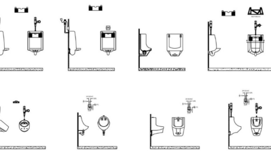 Colección de bloques AutoCAD de urinarios, sanitarios y accesorios de baño público en planta, alzado y secciones para proyectos arquitectónicos.