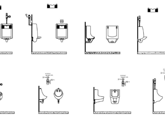 Colección de bloques AutoCAD de urinarios, sanitarios y accesorios de baño público en planta, alzado y secciones para proyectos arquitectónicos.