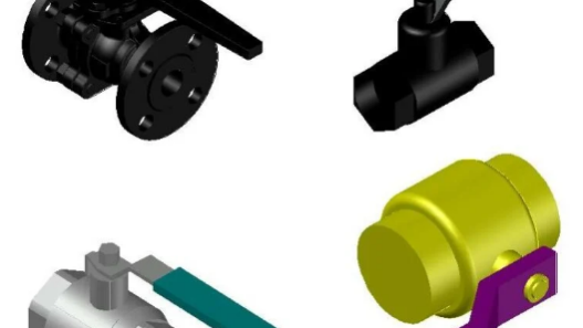 Bloques AutoCAD de válvula de bola con vistas 2D y 3D, detalles mecánicos y componentes para proyectos de instalaciones y tuberías.