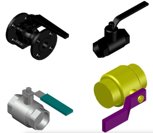 Bloques AutoCAD de válvula de bola con vistas 2D y 3D, detalles mecánicos y componentes para proyectos de instalaciones y tuberías.