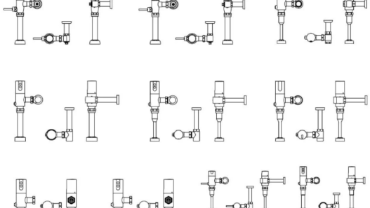 Bloques AutoCAD de válvulas de descarga para urinarios (fluxómetros) en diferentes vistas para proyectos de instalaciones sanitarias.