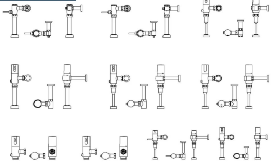 Bloques AutoCAD de válvulas de descarga para urinarios (fluxómetros) en diferentes vistas para proyectos de instalaciones sanitarias.