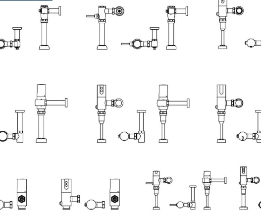Bloques AutoCAD de válvulas de descarga para urinarios (fluxómetros) en diferentes vistas para proyectos de instalaciones sanitarias.