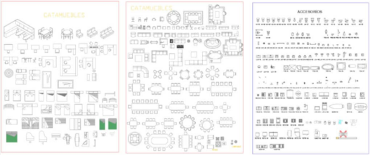Bloques AutoCAD de mobiliario variado en diferentes vistas y estilos para proyectos de arquitectura e interiorismo.