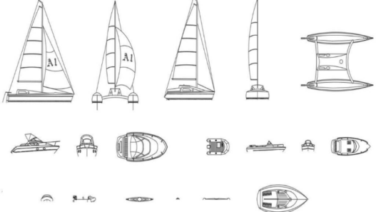 Bloques AutoCAD de veleros y embarcaciones en planta y elevación para proyectos náuticos, marinas y diseño arquitectónico costero.