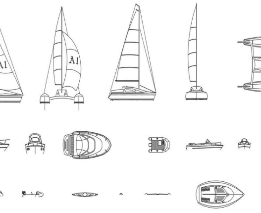 Bloques AutoCAD de veleros y embarcaciones en planta y elevación para proyectos náuticos, marinas y diseño arquitectónico costero.