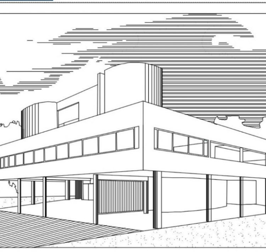 Bloques AutoCAD de la Villa Savoy en 2D con planos arquitectónicos, distribución espacial y detalles para proyectos de arquitectura moderna.