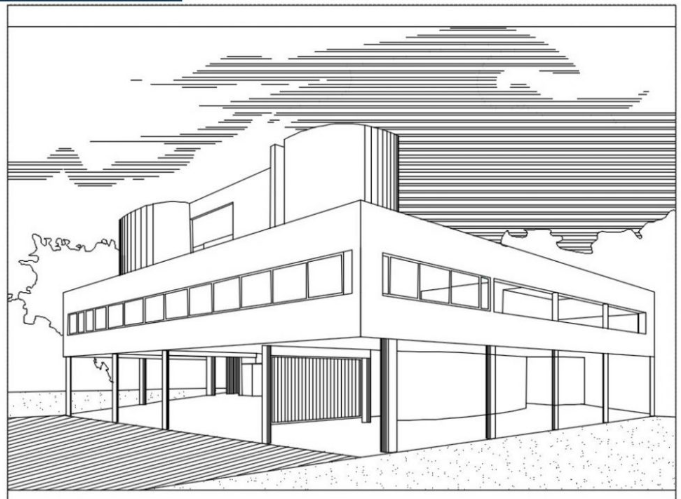 Bloques AutoCAD de la Villa Savoy en 2D con planos arquitectónicos, distribución espacial y detalles para proyectos de arquitectura moderna.