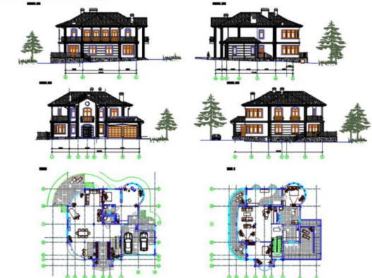 Bloques AutoCAD de villa con detalles arquitectónicos, planos, distribución y elementos constructivos para proyectos de diseño residencial.
