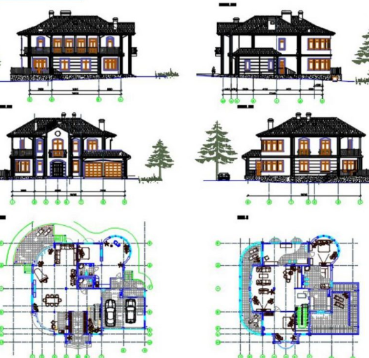 Bloques AutoCAD de villa con detalles arquitectónicos, planos, distribución y elementos constructivos para proyectos de diseño residencial.