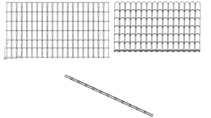 Bloques AutoCAD de vista superior de tejas de arcilla con patrones, texturas y detalles para cubiertas en proyectos arquitectónicos.