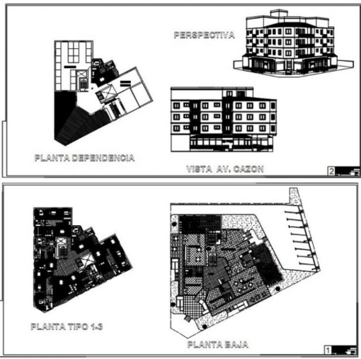 Bloques AutoCAD de viviendas multifamiliares con plantas arquitectónicas, vistas y perspectiva para proyectos de arquitectura residencial.