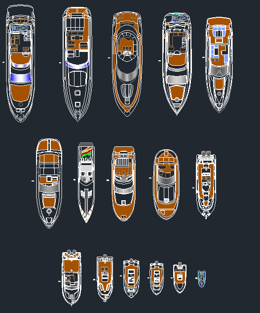 Bloques AutoCAD de yates en vista superior o planta para proyectos de arquitectura naval, marinas y diseño marítimo.