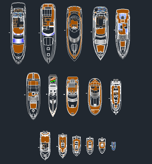 Bloques AutoCAD de yates en vista superior o planta para proyectos de arquitectura naval, marinas y diseño marítimo.