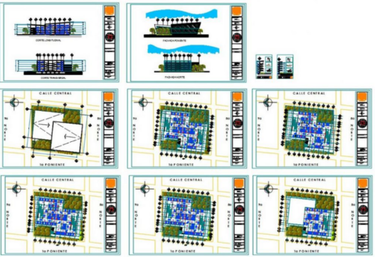 Aparcamiento de varios pisos en AutoCAD con rampas, distribución de estacionamientos y diseño estructural para proyectos urbanos en formato DWG.