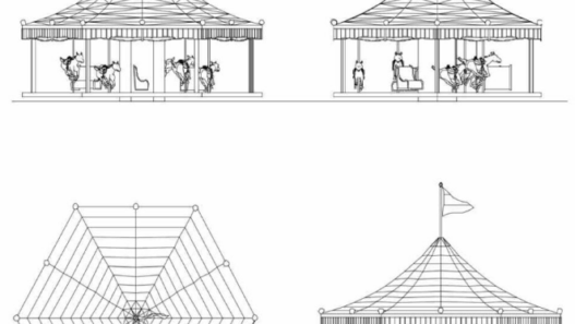 Carrusel en AutoCAD con diseño recreativo, estructura circular y detalles para proyectos de parques y espacios públicos en formato DWG.