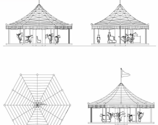 Carrusel en AutoCAD con diseño recreativo, estructura circular y detalles para proyectos de parques y espacios públicos en formato DWG.