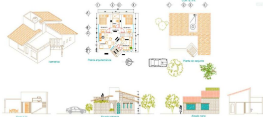 Casa de campo en AutoCAD con planos arquitectónicos, distribución de espacios y diseño residencial rural en formato DWG.