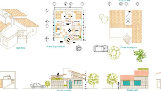 Casa de campo en AutoCAD con planos arquitectónicos, distribución de espacios y diseño residencial rural en formato DWG.