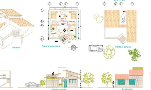 Casa de campo en AutoCAD con planos arquitectónicos, distribución de espacios y diseño residencial rural en formato DWG.