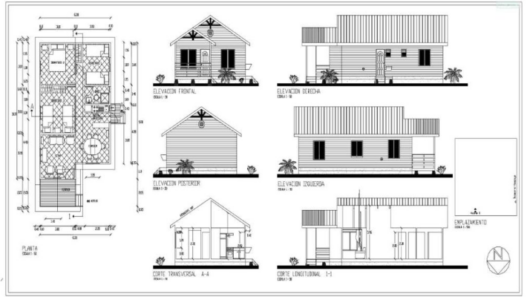 Casa de madera en AutoCAD con planos arquitectónicos, estructura y diseño residencial rústico en formato DWG.