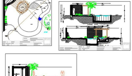 Casa con piscina y jacuzzi en AutoCAD con planos arquitectónicos, áreas exteriores y diseño residencial en formato DWG.
