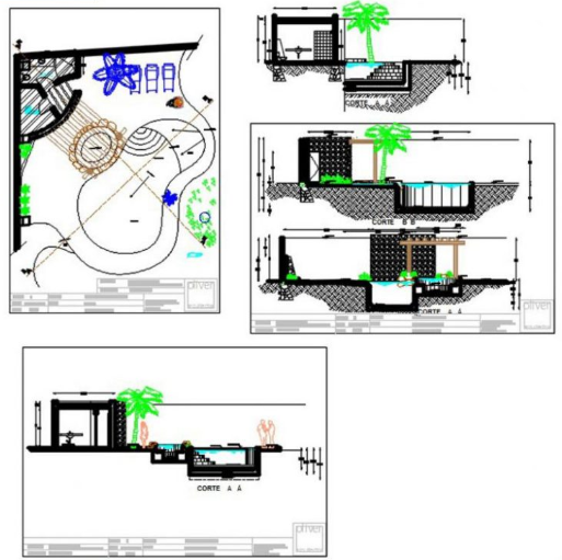 Casa con piscina y jacuzzi en AutoCAD con planos arquitectónicos, áreas exteriores y diseño residencial en formato DWG.