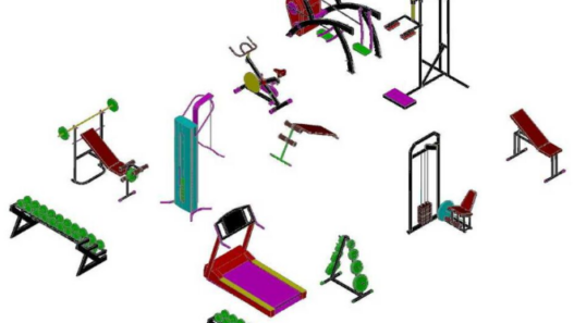 Equipos de gimnasio en AutoCAD con máquinas de ejercicio, distribución de espacios y diseño de áreas fitness en formato DWG.