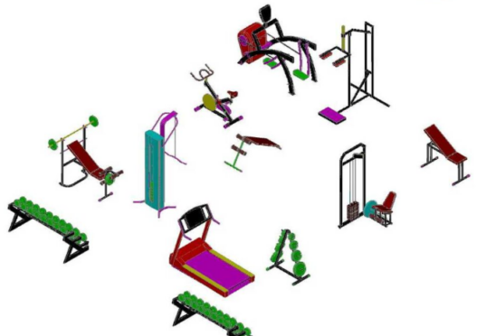 Equipos de gimnasio en AutoCAD con máquinas de ejercicio, distribución de espacios y diseño de áreas fitness en formato DWG.